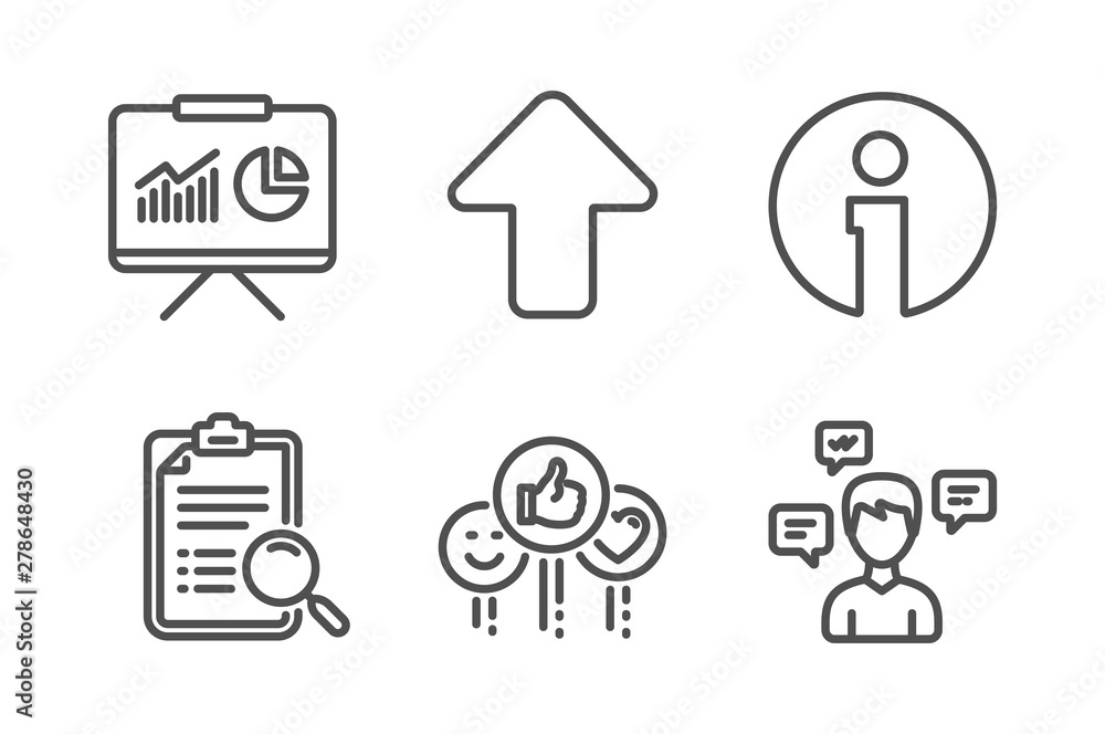 Poster info, search analysis and like icons simple set. presentation, upload and conversation messages sign