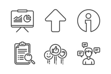 Info, Search analysis and Like icons simple set. Presentation, Upload and Conversation messages signs. Information, Find survey. Technology set. Line info icon. Editable stroke. Vector