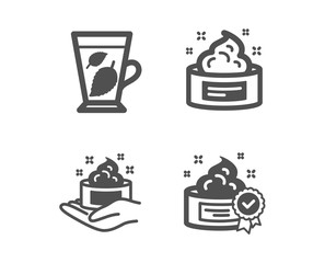 Set of Skin cream, Skin care and Mint leaves icons. Cream sign. Medical cosmetic, Mentha leaf, Best lotion.  Classic design skin cream icon. Flat design. Vector