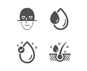 Set of Vitamin e, Oil drop and Face recognition icons. Serum oil sign. Serum, Faces biometrics, Healthy hairs.  Classic design vitamin e icon. Flat design. Vector