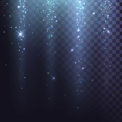 Light effect on a transparent background, falling blue sparks, light from above