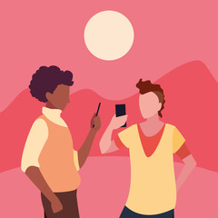 two men using smartphone social media