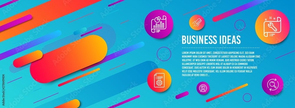 Poster header banner. credit card, spanner and technical documentation icons simple set. report document, m