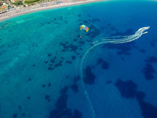 Aerial birds eye view drone photo of Elli beach on Rhodes city island, Dodecanese, Greece. Panorama...