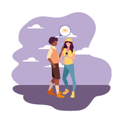 man and woman characters using smartphone