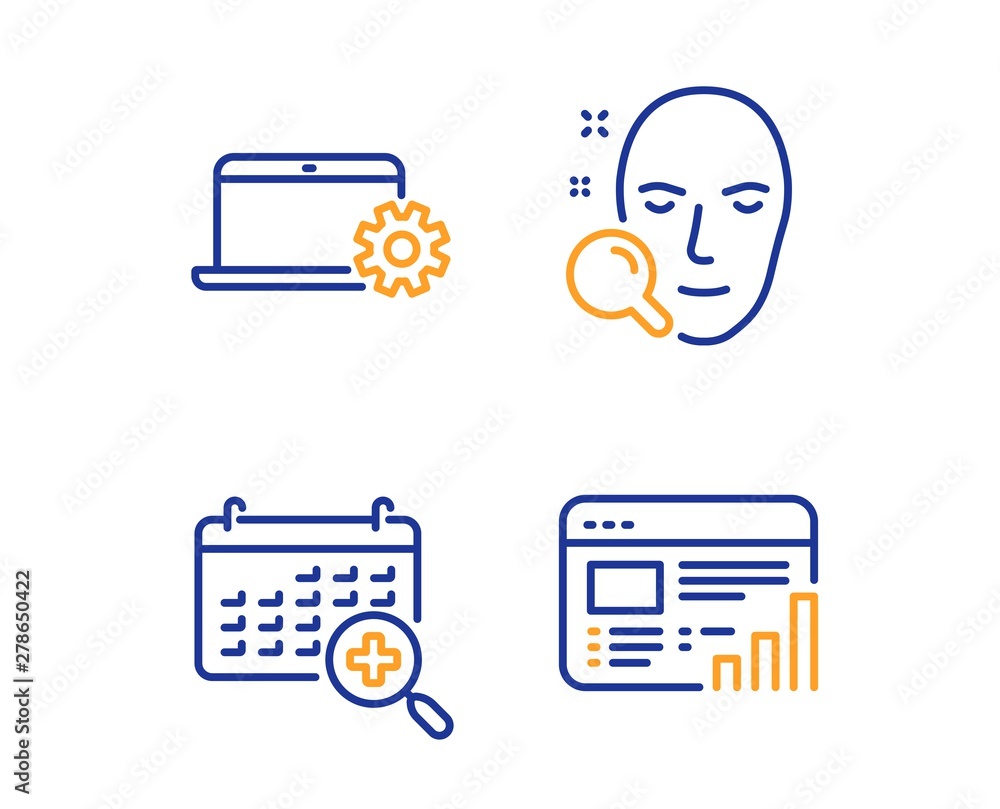 Poster notebook service, face search and medical calendar icons simple set. web report sign. computer repai