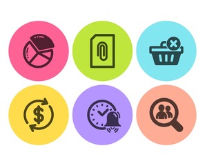 Alarm bell, Attachment and Delete purchase icons simple set. Dollar exchange, Pie chart and Search employees signs. Time, Attach document. Flat alarm bell icon. Circle button. Vector
