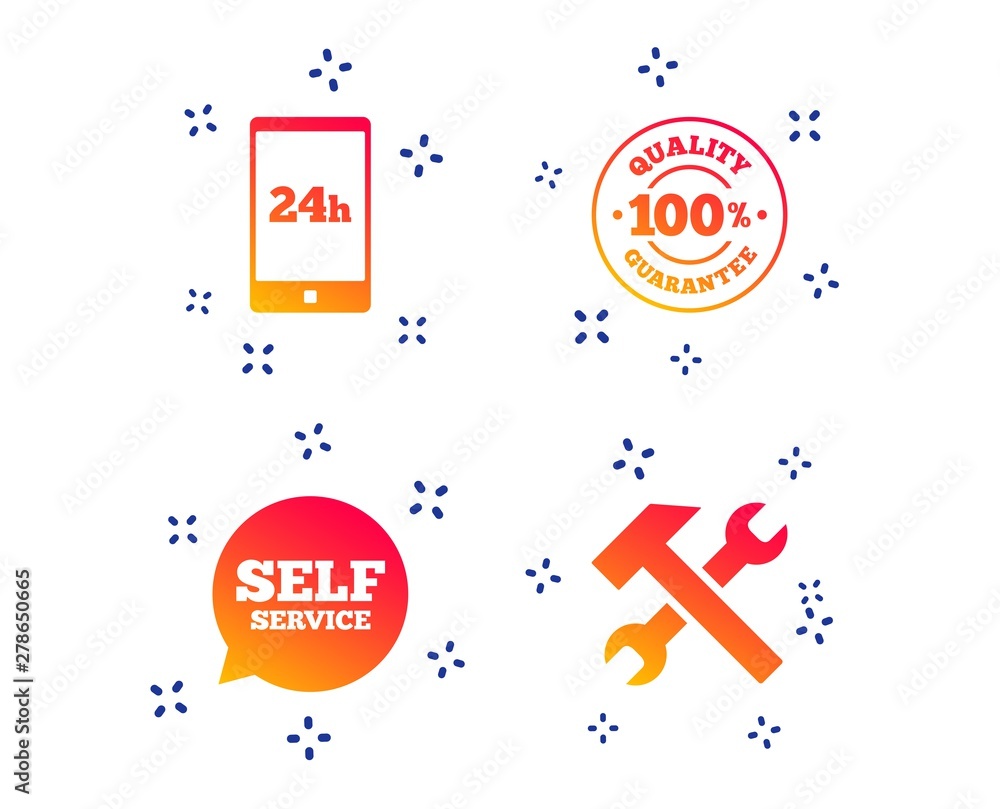Poster repair fix tool icons. 24h customer support service signs. 100% quality guarantee symbol. hammer wit