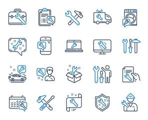 Repair car service line icons. Set of Hammer, Screwdriver and Spanner tool icons. Recovery, Washing machine repair, Car service. Engineer tool, Tech support. Spanner equipment, screwdriver. Vector