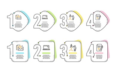 Accounting report, Launch project and Laptop icons simple set. Reject file sign. Check finance, Business innovation, Computer. Decline agreement. Technology set. Infographic timeline. Vector