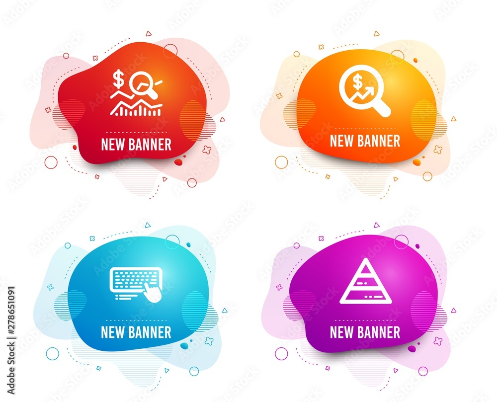 Poster liquid badges. set of computer keyboard, currency audit and check investment icons. pyramid chart si