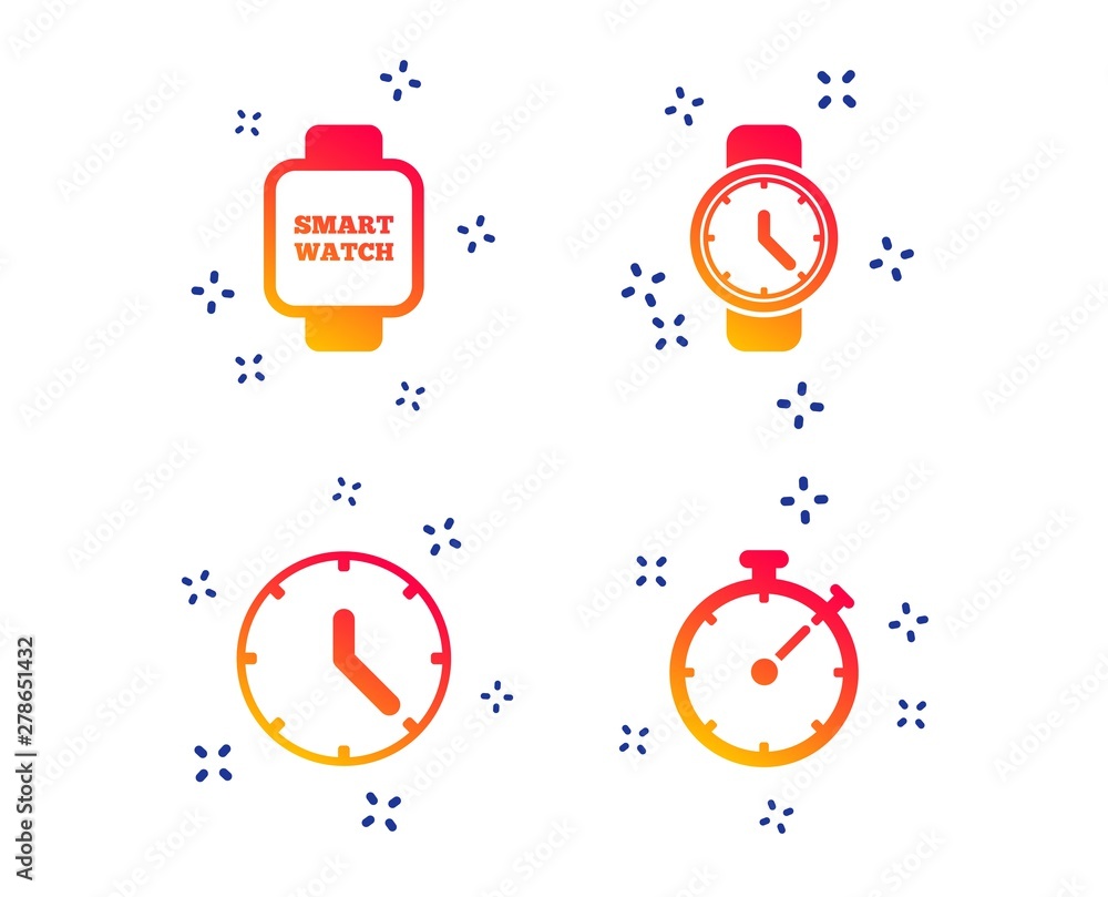 Poster smart watch icons. mechanical clock time, stopwatch timer symbols. wrist digital watch sign. random 