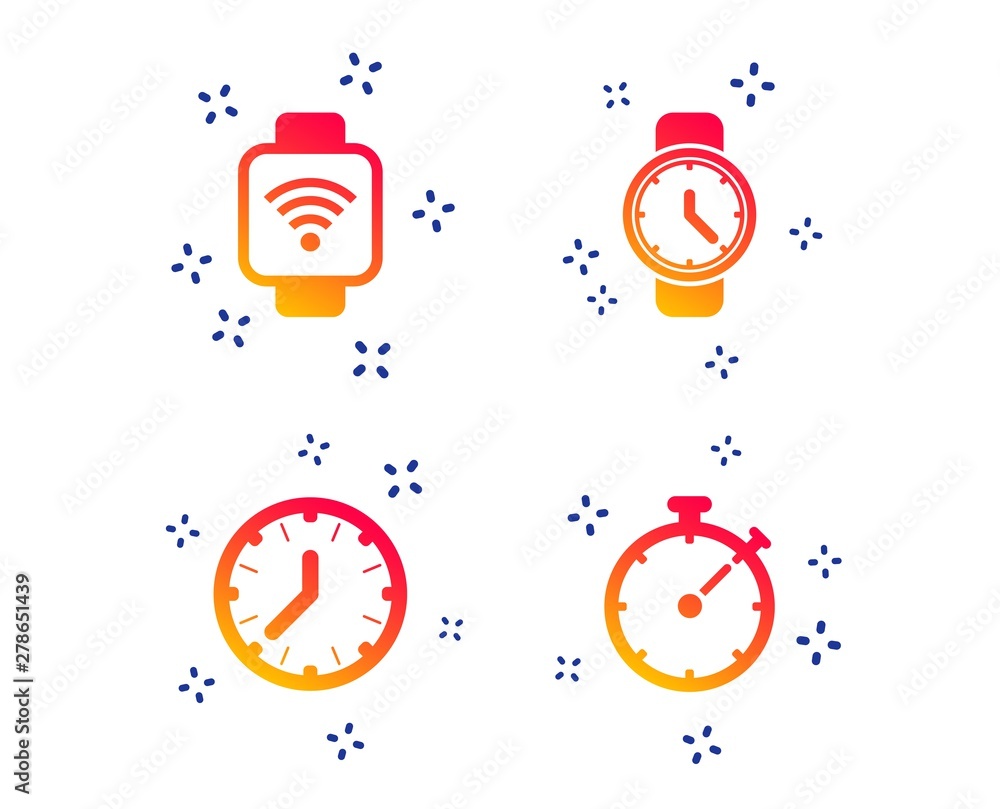 Poster smart watch wi-fi icons. mechanical clock time, stopwatch timer symbols. wrist digital watch sign. r