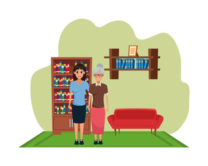 Mother and adult daughter together cartoon