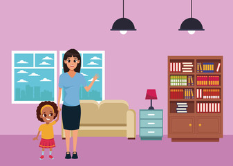 Single mother with children cartoon