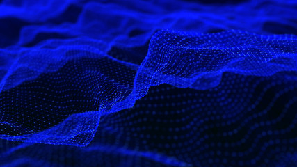 Abstract dynamic wave of many shining points and lines. Big data. Network of particles connected by lines. Abstract digital background. 3d rendering.