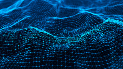 Abstract dynamic wave of many shining points and lines. Big data. Network of particles connected by lines. Abstract digital background. 3d rendering.