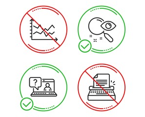 Do or Stop. Diagram chart, Search and Faq icons simple set. Typewriter sign. Presentation graph, Find document, Web support. Writer machine. Technology set. Line diagram chart do icon. Vector