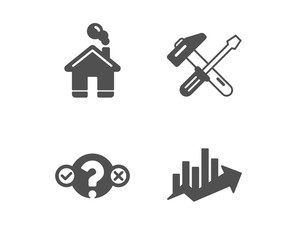 Set of Hammer tool, Quiz test and Home icons. Growth chart sign. Repair screwdriver, Select answer, House building. Sale diagram.  Classic design hammer tool icon. Flat design. Vector
