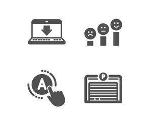 Set of Ab testing, Customer satisfaction and Internet downloading icons. Parking garage sign. A test, Happy smile chart, Load data. Automatic door.  Classic design ab testing icon. Flat design. Vector