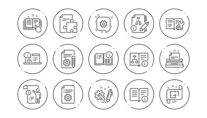 Technical documentation line icons. Instruction, Plan and Manual. Algorithm linear icon set. Line buttons with icon. Editable stroke. Vector