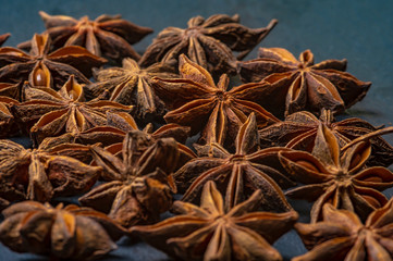 Brown star Anise scattered on the table