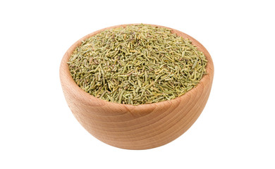 rosemary leaves in wooden bowl isolated on white background. 45 degree view. Spices and food ingredients.