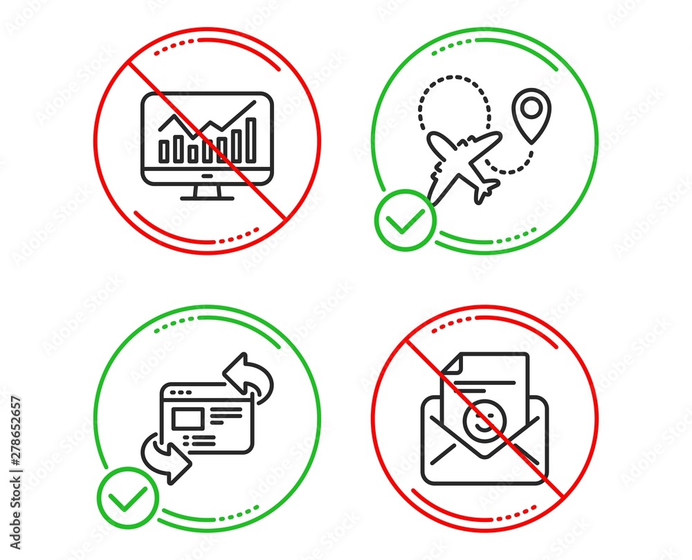 Poster Do or Stop. Refresh website, Statistics and Airplane icons simple set. Smile sign. Update internet, Financial report, Plane. Positive mail. Technology set. Line refresh website do icon. Vector