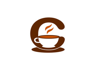 alphabet mug of Cofé warm coffee logo design illustration on a white background
