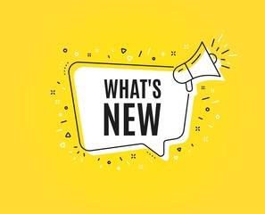 Whats new symbol. Megaphone banner. Special offer sign. New arrivals symbol. Loudspeaker with speech bubble. Whats new sign. Marketing and advertising tag. Vector