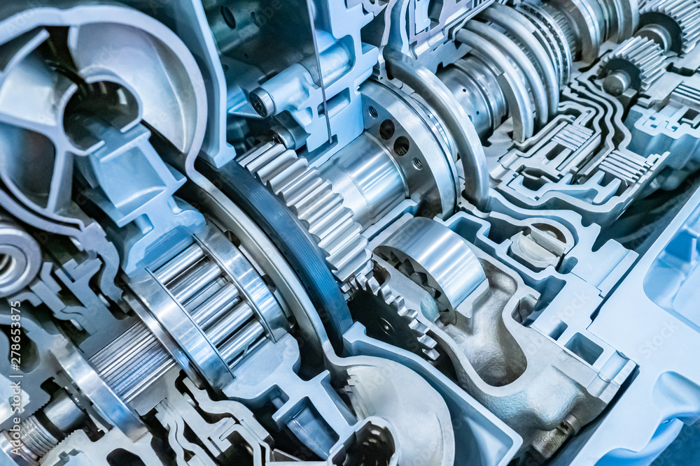 Poster machine technology. technical concept. structure of a car motor. details in the automobile engine. d