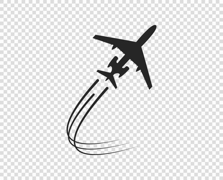 Airplane. Icon silhouette taking off. A twisting plane trail. Vector element isolated on a transparent background.