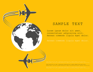 Airplane. Silhouette soaring around the globe. A twisting plane trail. Illustration with space for text. Vector monochrome style.