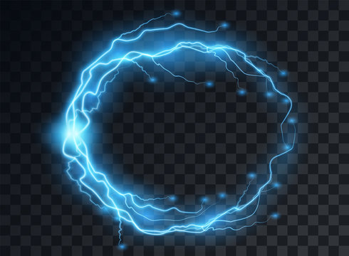 Electric blue discharge, lightning flashes in the shape of a round frame with the effect of soft transparent glow. Vector design element on isolated background.