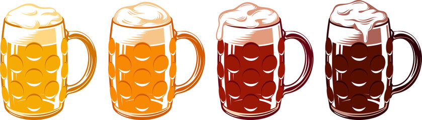 Icon set of types of beer for Oktoberfest in dimpled glass mugs. Light, pilsner, wheat, white, lager, ale, cold, red, marzen, pale, bock, brown, porter, dark, stout. Vector hand drawn illustration