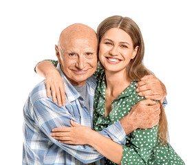 Elderly man with daughter on white background
