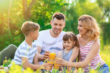 Happy family on summer picnic in park