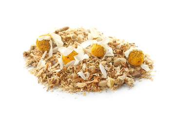 Dried chamomile flowers on white background