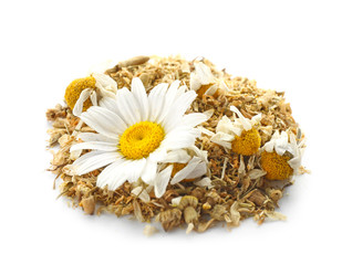 Dried chamomile flowers on white background