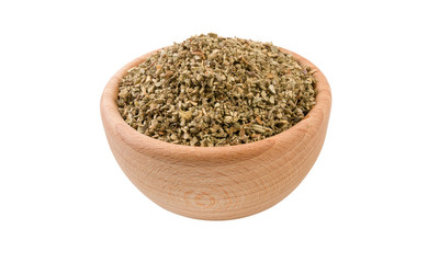 Fototapeta na wymiar salvia or sage in wooden bowl isolated on white background. 45 degree view. Spices and food ingredients.