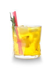 Glass of tasty summer cocktail on white background