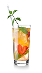 Glass of tasty summer cocktail on white background