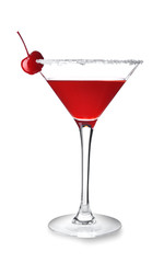 Glass of tasty summer cocktail on white background
