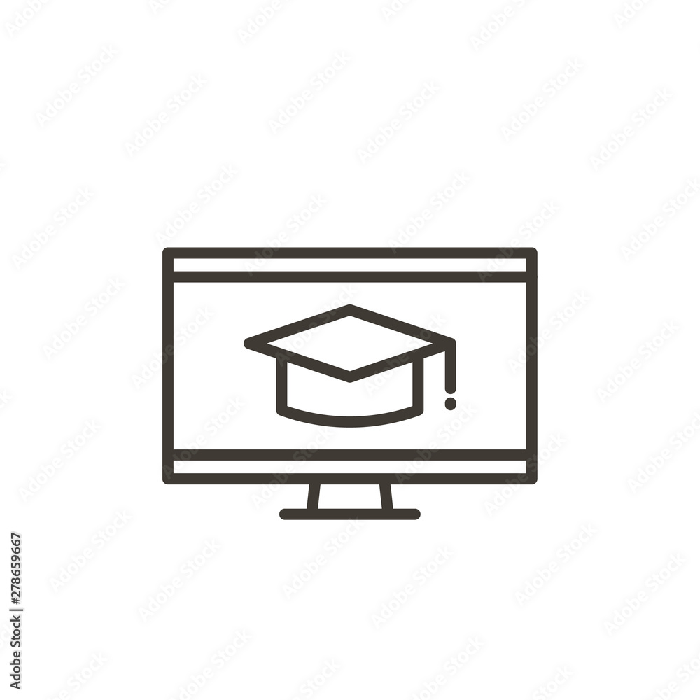 Poster desktop computer screen with academic hat representing online education. modern trendy vector thin l