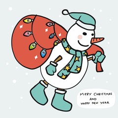 Snowman bring gift bag and colorful light bulb cartoon vector illustration