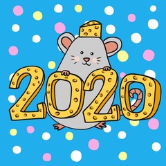 2020 Year of the rat with cheese colorful background cartoon vector illustration