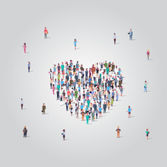 people crowd gathering in heart icon shape social media community add to favorite love concept different occupation employees group standing together full length - obrazy, fototapety, plakaty