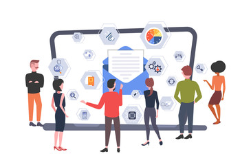 people developers team looking at laptop screen envelope with letter online messaging email app development communication concept flat horizontal full length