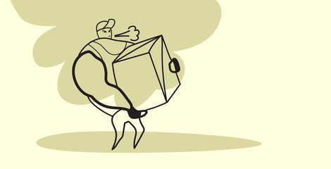 strong courier carrying big heavy cardboard box professional muscular man loader hardworking process delivery service concept sketch doodle horizontal full length
