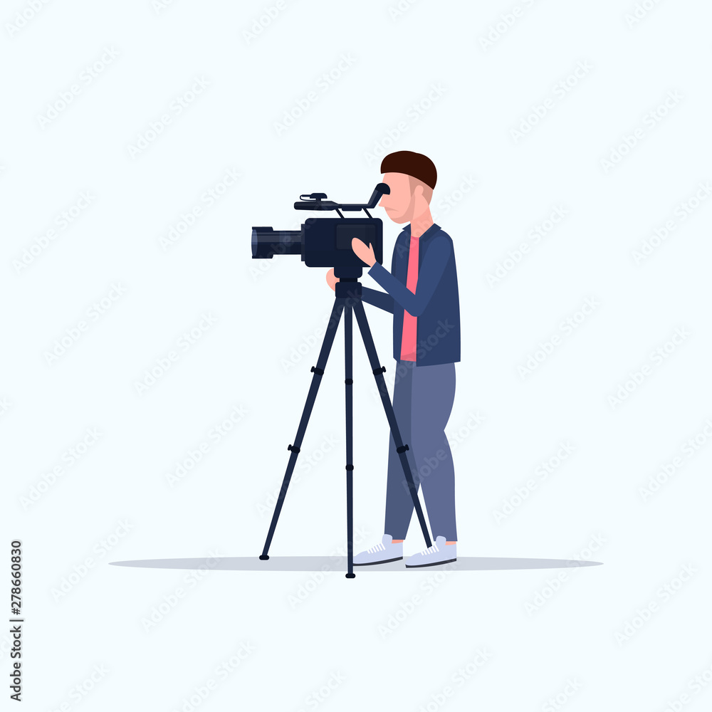 Poster operator using video camera on tripod cameraman looking through camcorder movie making concept flat 